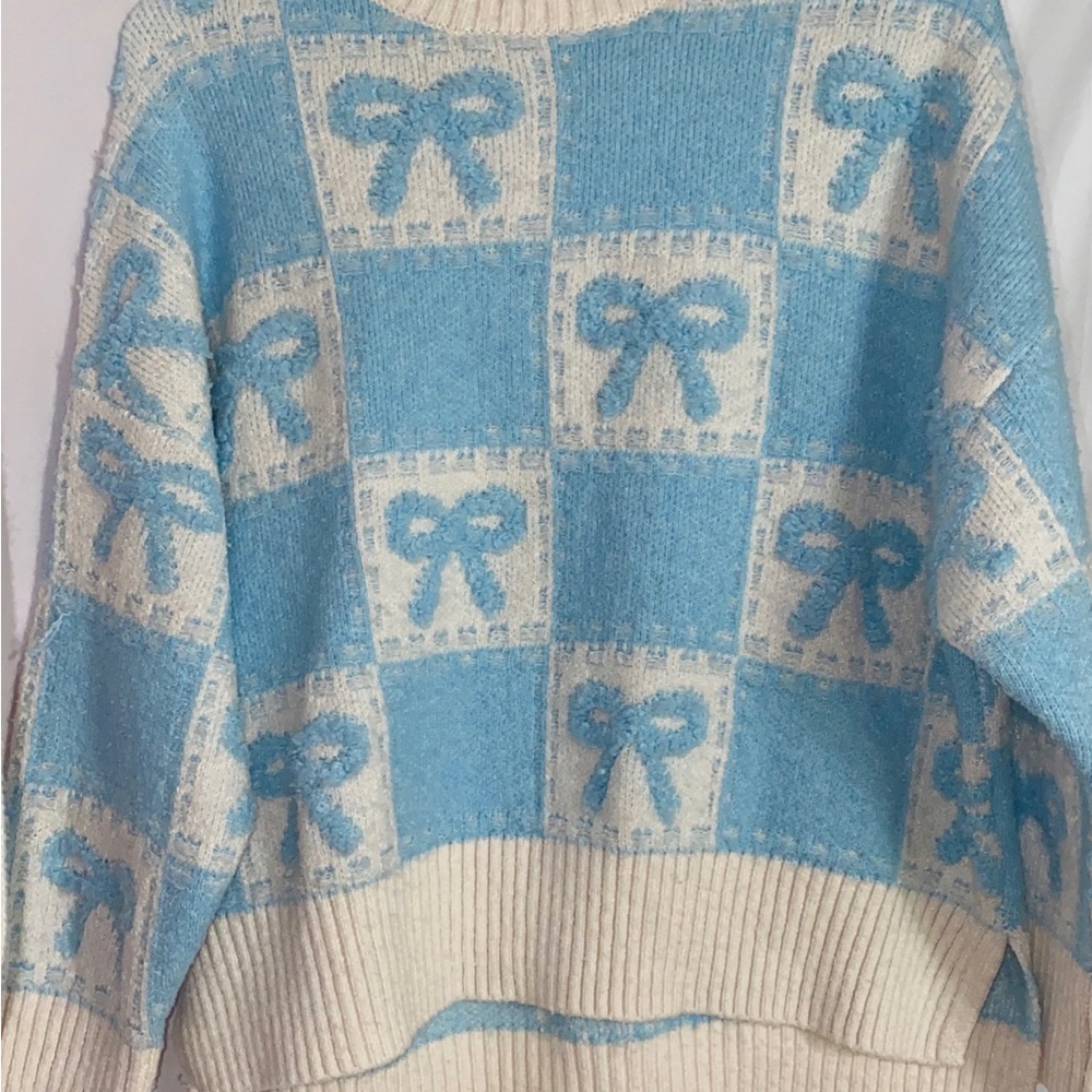 Blue and Cream Bow-Print Girls Sweater